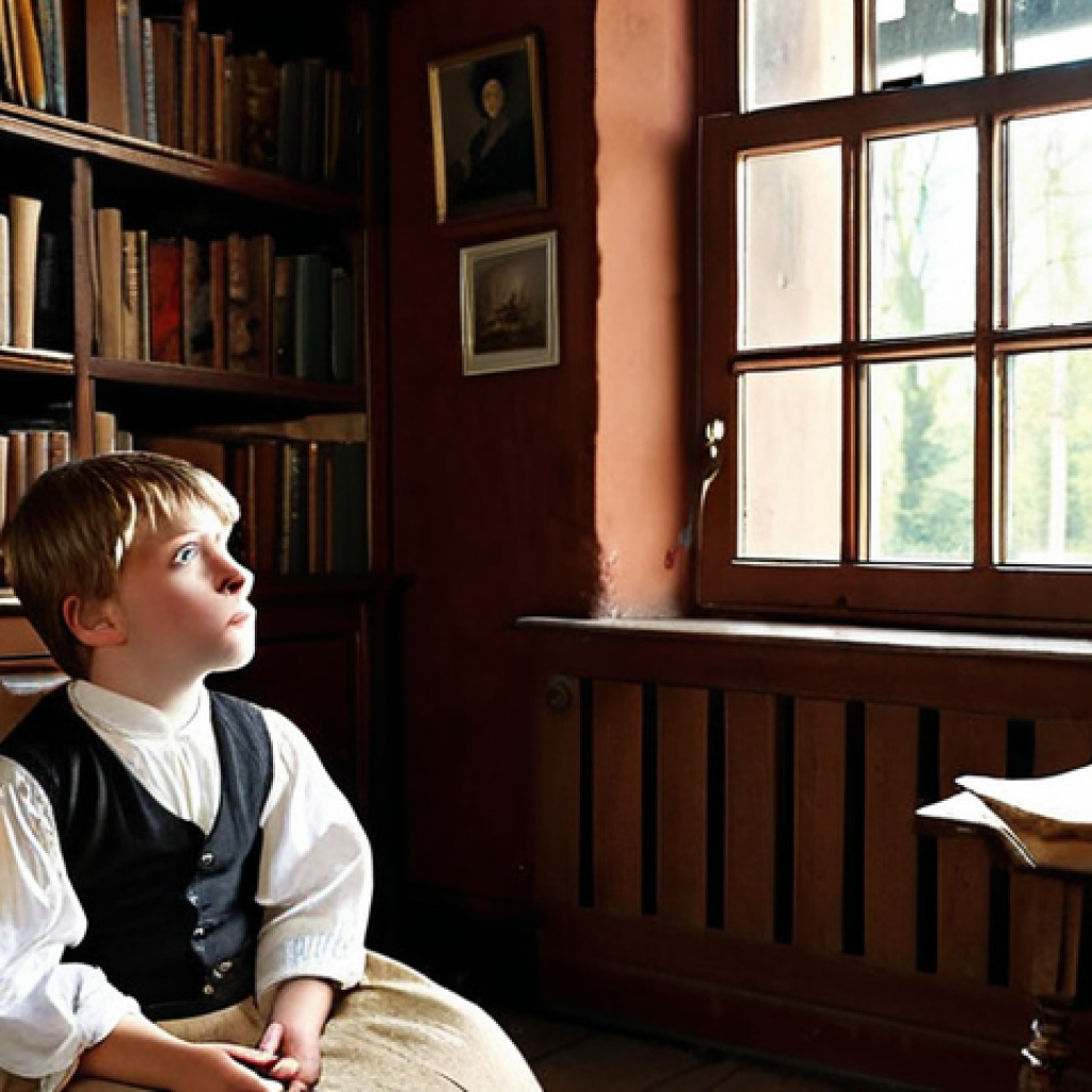 **Childhood and Family Background**:
   *Prompt*: "A young boy in early 19th century Denmark, sitting in a modest room filled with books and papers, daydreaming of becoming a writer or actor. His mother is nearby, telling him a fairy tale, with a warm and nurturing atmosphere."