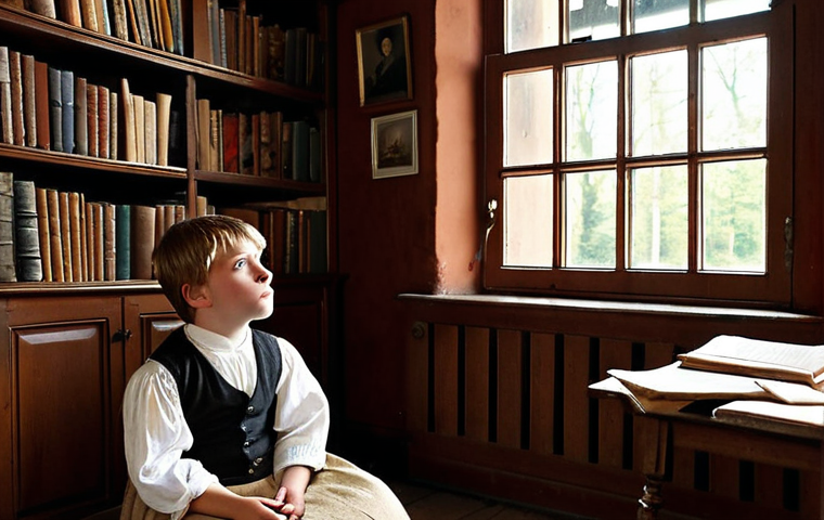 **Childhood and Family Background**:
   *Prompt*: "A young boy in early 19th century Denmark, sitting in a modest room filled with books and papers, daydreaming of becoming a writer or actor. His mother is nearby, telling him a fairy tale, with a warm and nurturing atmosphere."