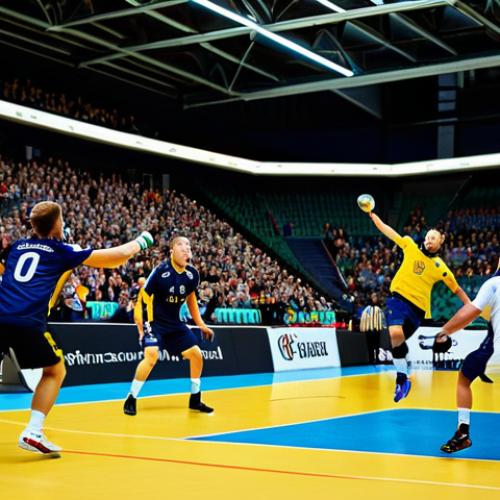 A dynamic wide shot of a professional male handball match in progress within a large, modern indoor arena during the Danish Håndboldligaen. Players, fully clothed in modest, professional team uniforms, are in vigorous action, demonstrating speed, strength, and skill. One player is mid-air for a powerful jump shot, with opposing players in defensive positions. The background shows enthusiastic, fully clothed fans cheering loudly, waving flags, creating an energetic and vibrant atmosphere. Perfect anatomy, correct proportions, natural pose, well-formed hands, proper finger count, natural body proportions, professional sports photography, high definition, sharp focus, safe for work, appropriate content, family-friendly.