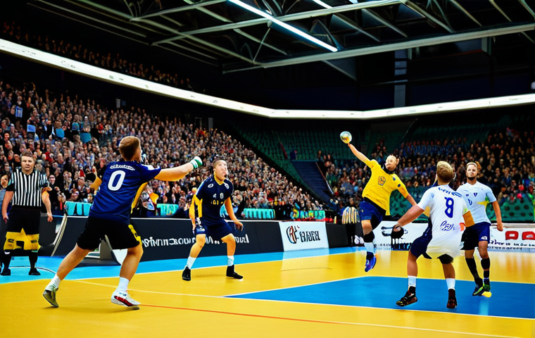 A dynamic wide shot of a professional male handball match in progress within a large, modern indoor arena during the Danish Håndboldligaen. Players, fully clothed in modest, professional team uniforms, are in vigorous action, demonstrating speed, strength, and skill. One player is mid-air for a powerful jump shot, with opposing players in defensive positions. The background shows enthusiastic, fully clothed fans cheering loudly, waving flags, creating an energetic and vibrant atmosphere. Perfect anatomy, correct proportions, natural pose, well-formed hands, proper finger count, natural body proportions, professional sports photography, high definition, sharp focus, safe for work, appropriate content, family-friendly.