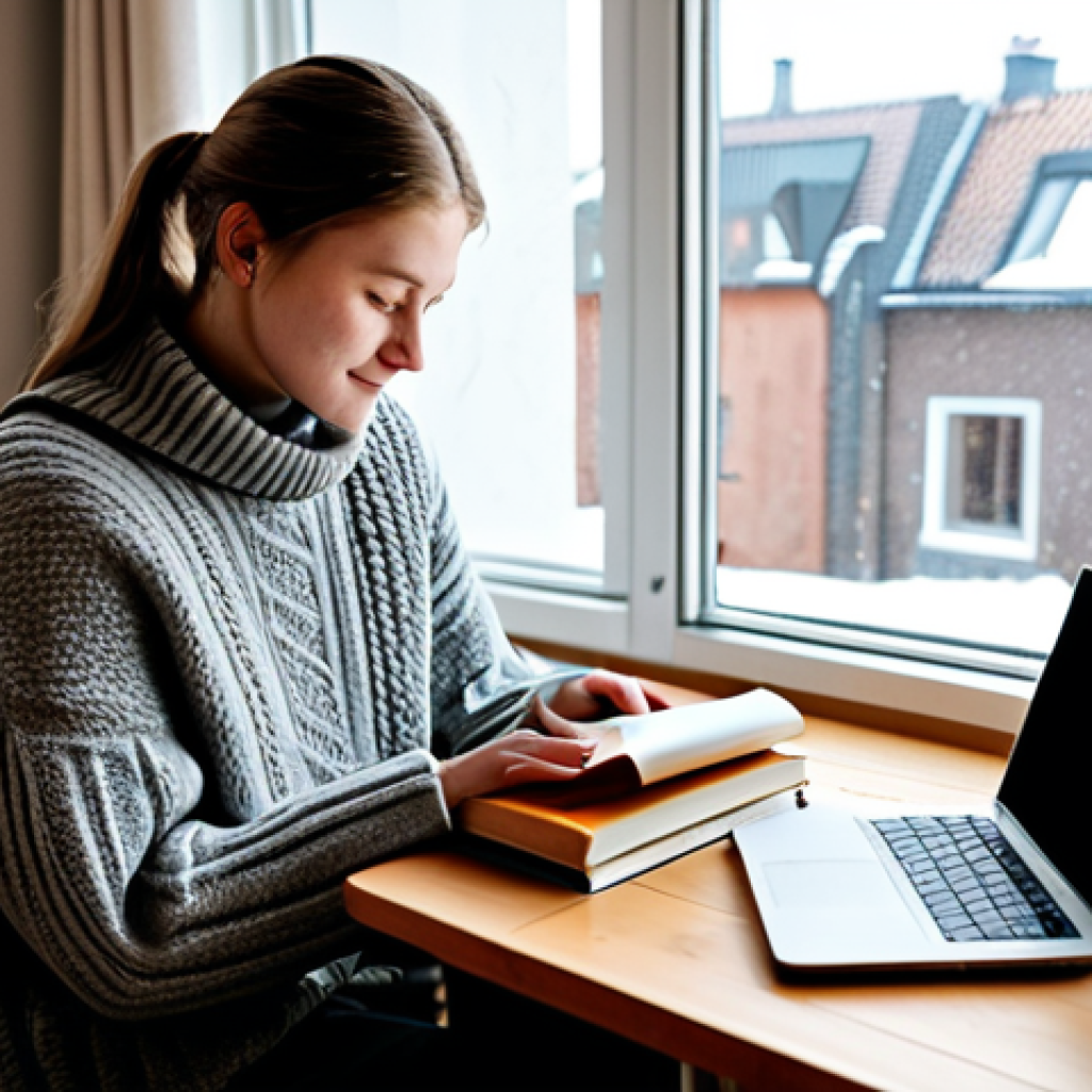 A young adult international student, fully clothed in a modest, cozy sweater and sensible trousers, sitting comfortably by a large window in a warm, inviting Danish-style student apartment. A soft blanket is draped over an armchair nearby, and a steaming mug of hot cocoa rests on a small, simple wooden table beside them. Soft, flickering candlelight illuminates the peaceful interior. Outside the window, a serene, lightly snow-dusted landscape is visible. The student is quietly reading a book or engaged with a laptop. This is a high-quality professional photograph with natural lighting, sharp focus, perfect anatomy, correct proportions, natural pose, well-formed hands, proper finger count, and natural body proportions. The image conveys a warm, Hygge atmosphere. Safe for work, appropriate content, appropriate attire, family-friendly.