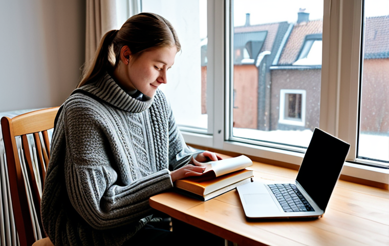 A young adult international student, fully clothed in a modest, cozy sweater and sensible trousers, sitting comfortably by a large window in a warm, inviting Danish-style student apartment. A soft blanket is draped over an armchair nearby, and a steaming mug of hot cocoa rests on a small, simple wooden table beside them. Soft, flickering candlelight illuminates the peaceful interior. Outside the window, a serene, lightly snow-dusted landscape is visible. The student is quietly reading a book or engaged with a laptop. This is a high-quality professional photograph with natural lighting, sharp focus, perfect anatomy, correct proportions, natural pose, well-formed hands, proper finger count, and natural body proportions. The image conveys a warm, Hygge atmosphere. Safe for work, appropriate content, appropriate attire, family-friendly.